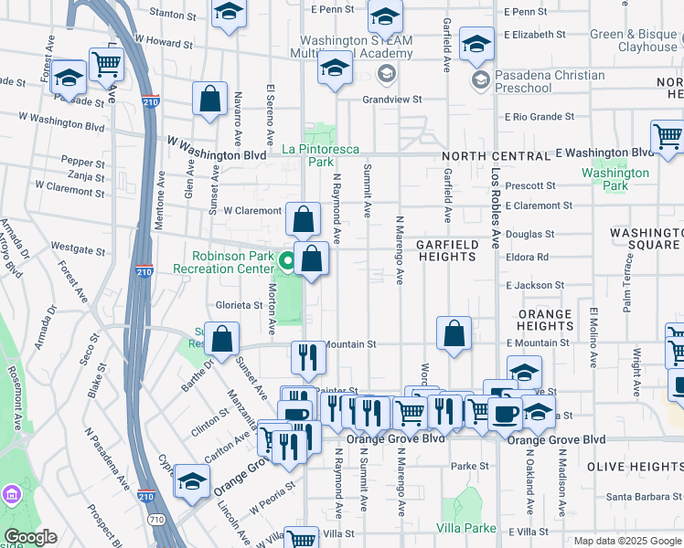 map of restaurants, bars, coffee shops, grocery stores, and more near 1070 North Raymond Avenue in Pasadena