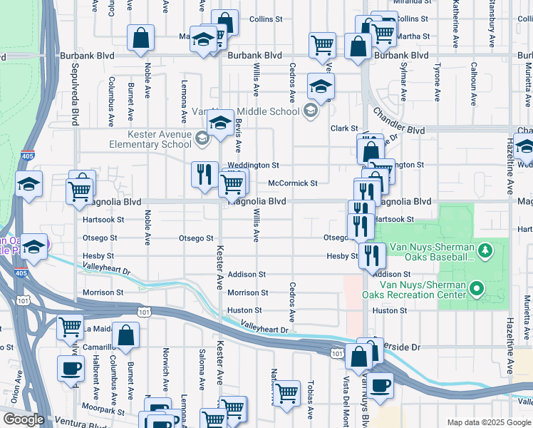 map of restaurants, bars, coffee shops, grocery stores, and more near 14747 Hartsook Street in Los Angeles