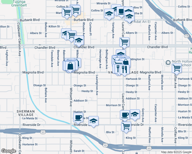 map of restaurants, bars, coffee shops, grocery stores, and more near 12305 Hartsook Street in Los Angeles