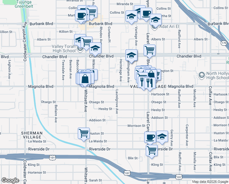 map of restaurants, bars, coffee shops, grocery stores, and more near 12311 Hartsook Street in Los Angeles