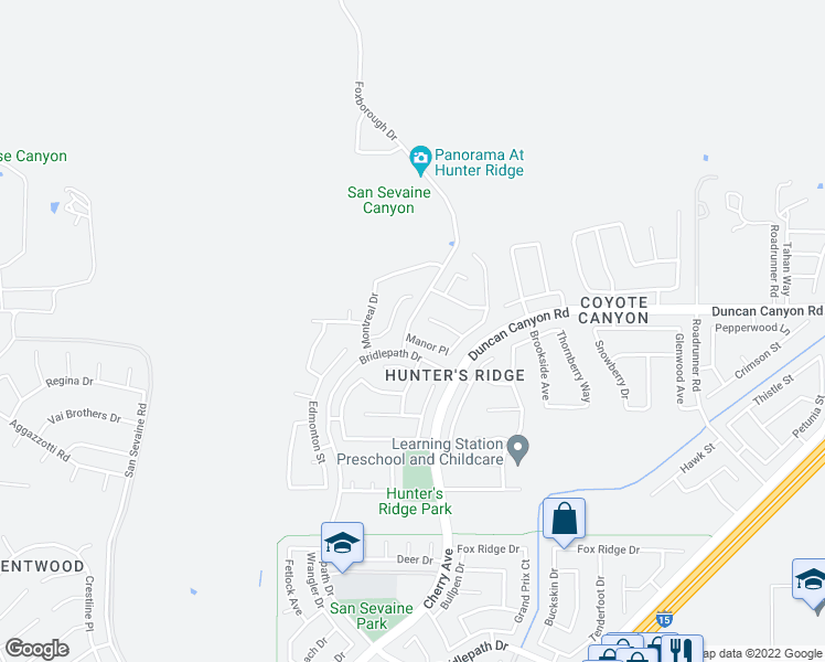 map of restaurants, bars, coffee shops, grocery stores, and more near 14742 Manor Place in Fontana
