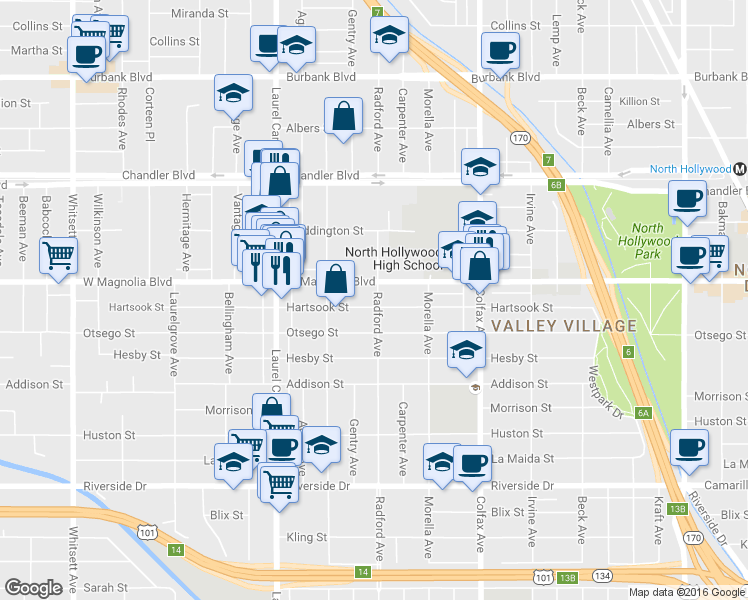 map of restaurants, bars, coffee shops, grocery stores, and more near 11905 Hartsook Street in Los Angeles