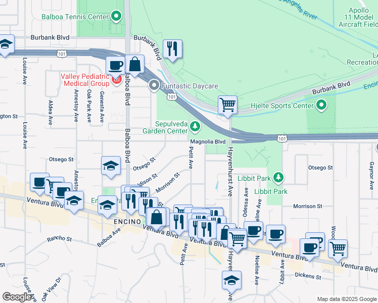 map of restaurants, bars, coffee shops, grocery stores, and more near 16643 Addison Street in Los Angeles