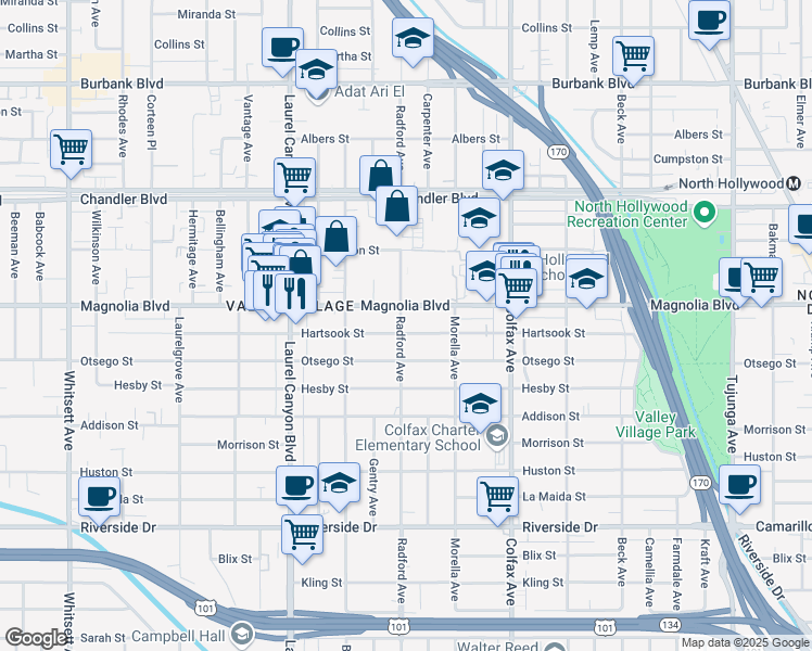 map of restaurants, bars, coffee shops, grocery stores, and more near 5150 Radford Avenue in Los Angeles