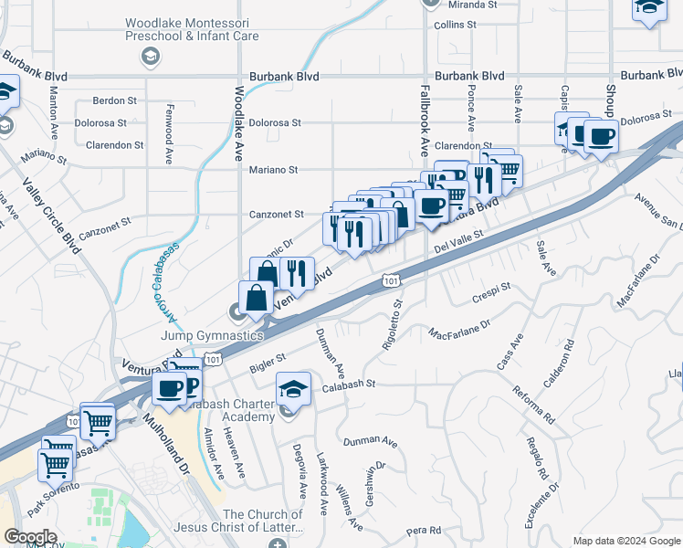map of restaurants, bars, coffee shops, grocery stores, and more near 23032 Ventura Boulevard in Los Angeles