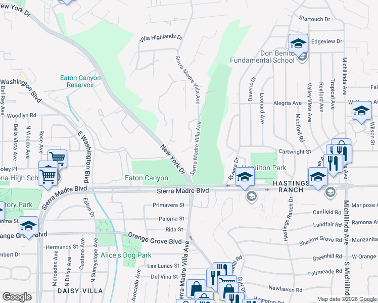 map of restaurants, bars, coffee shops, grocery stores, and more near 3350 Calvert Road in Pasadena