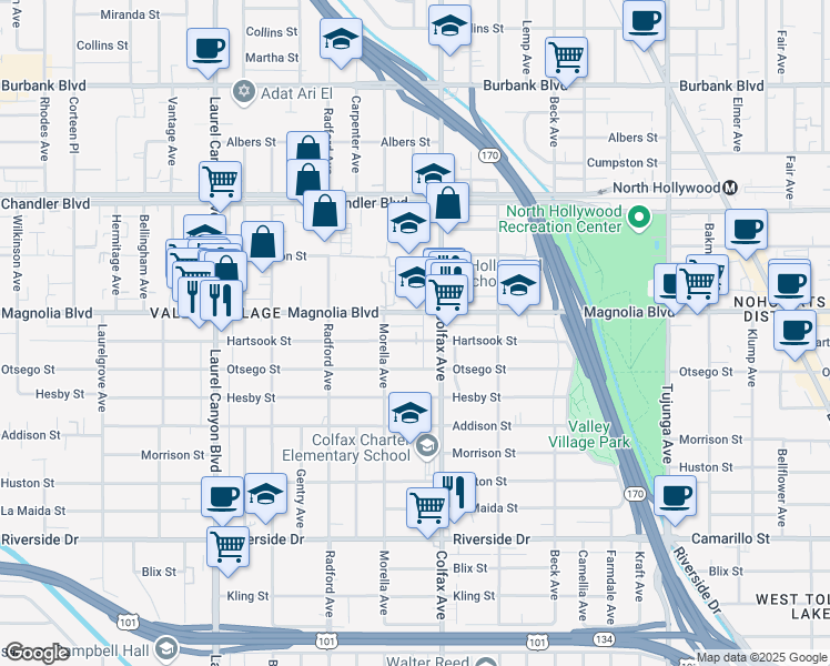 map of restaurants, bars, coffee shops, grocery stores, and more near 11729 Hartsook Street in Los Angeles
