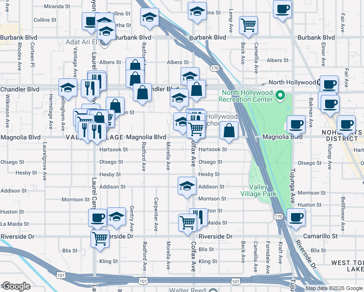 map of restaurants, bars, coffee shops, grocery stores, and more near 11729 Hartsook Street in Los Angeles