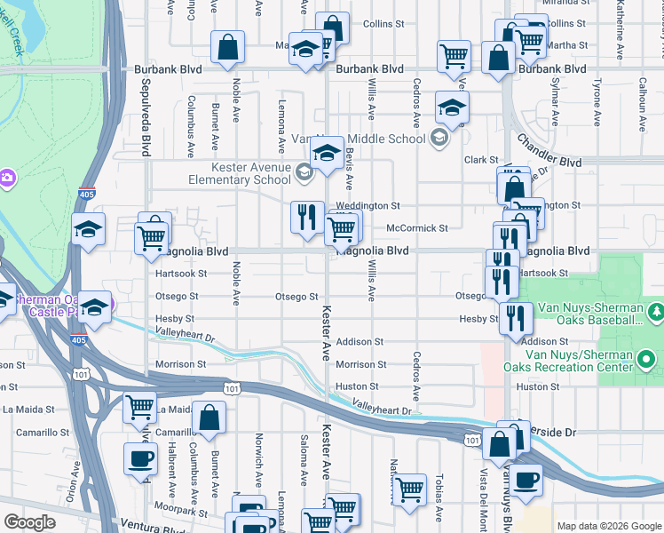 map of restaurants, bars, coffee shops, grocery stores, and more near 14857 Hartsook Street in Los Angeles