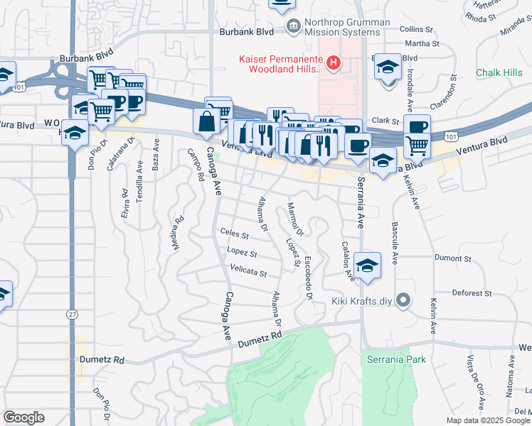 map of restaurants, bars, coffee shops, grocery stores, and more near 5216 Alhama Drive in Los Angeles