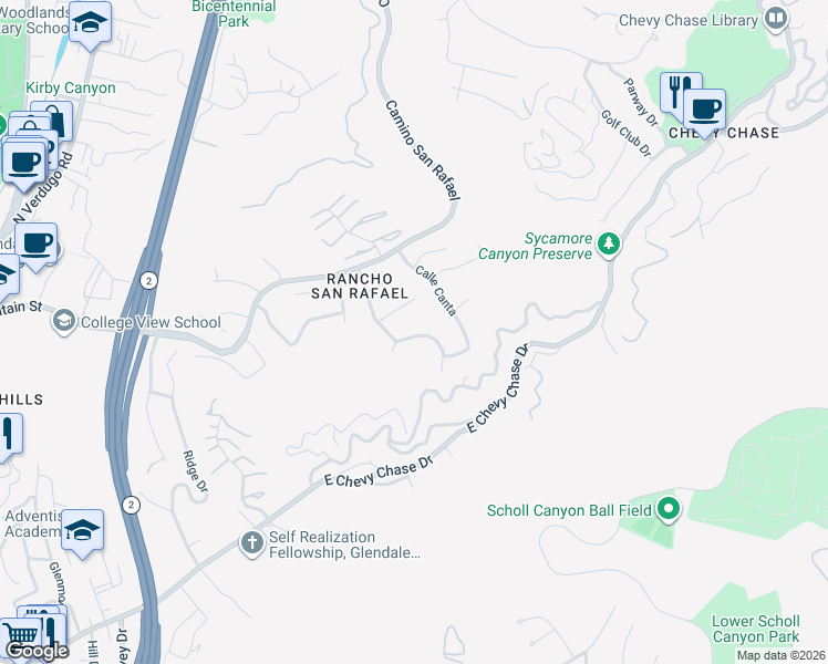 map of restaurants, bars, coffee shops, grocery stores, and more near 878 Calle La Primavera in Glendale