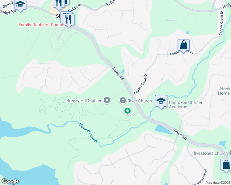 map of restaurants, bars, coffee shops, grocery stores, and more near 190 Sixes Creek Trail in Canton