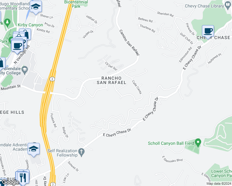 map of restaurants, bars, coffee shops, grocery stores, and more near 933 Calle La Primavera in Glendale