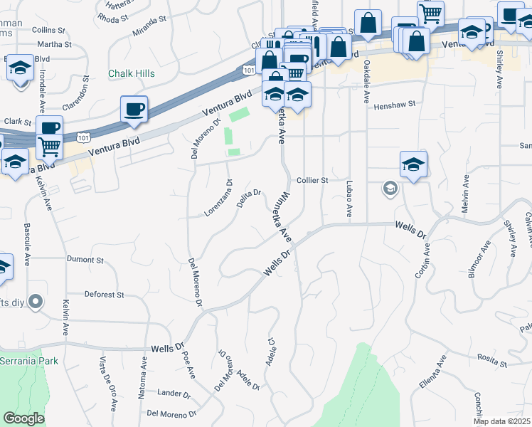 map of restaurants, bars, coffee shops, grocery stores, and more near 20100 Delita Drive in Los Angeles