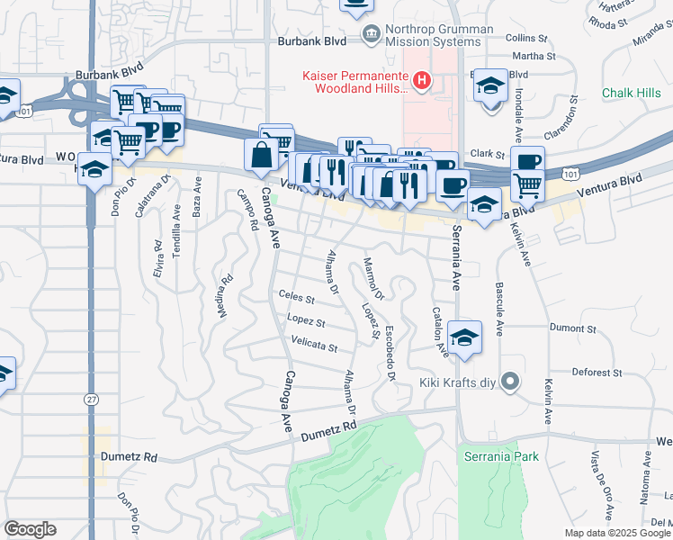 map of restaurants, bars, coffee shops, grocery stores, and more near 5216 Alhama Drive in Los Angeles