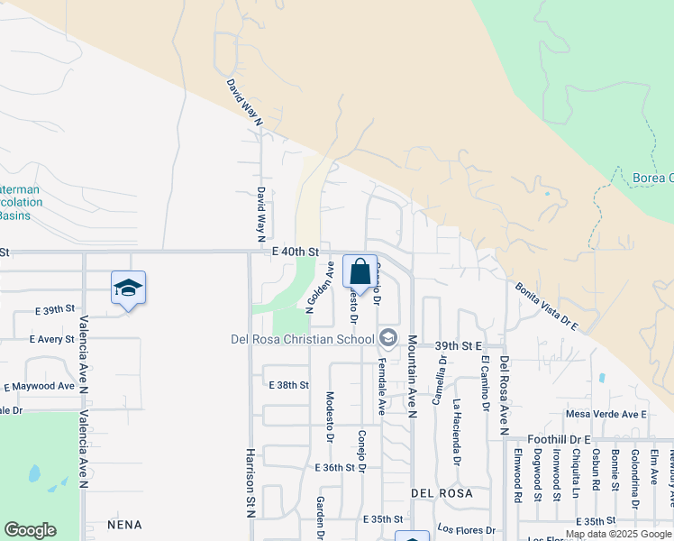 map of restaurants, bars, coffee shops, grocery stores, and more near 3972 North Golden Avenue in San Bernardino