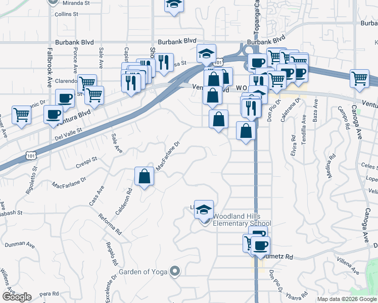 map of restaurants, bars, coffee shops, grocery stores, and more near 22286 Cass Avenue in Los Angeles