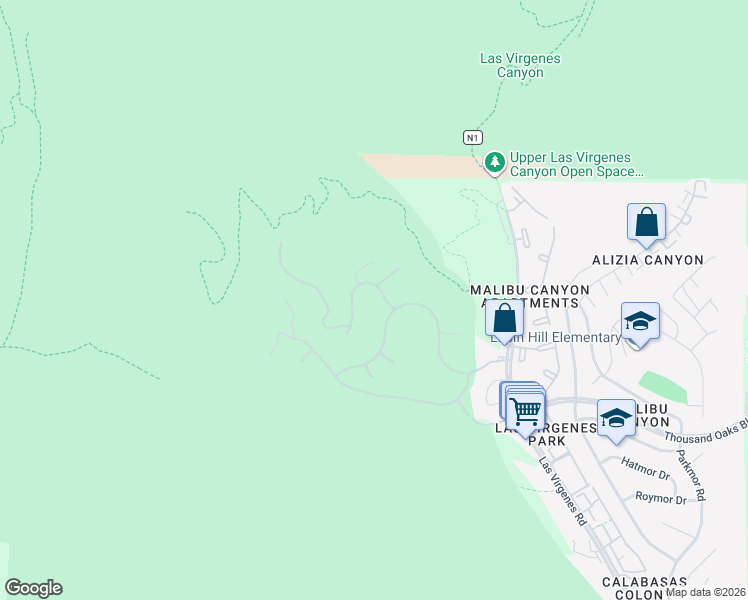 map of restaurants, bars, coffee shops, grocery stores, and more near 26722 Provence Drive in Calabasas
