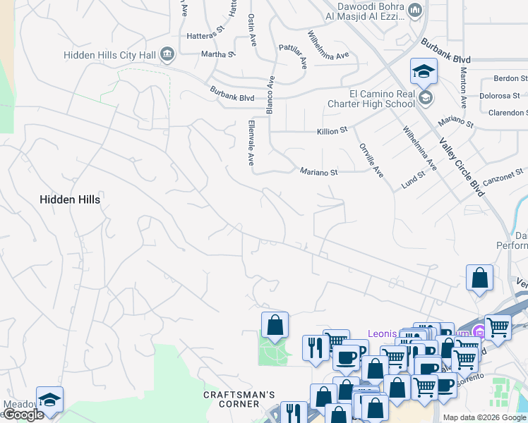 map of restaurants, bars, coffee shops, grocery stores, and more near 5625 Penland Road in Hidden Hills