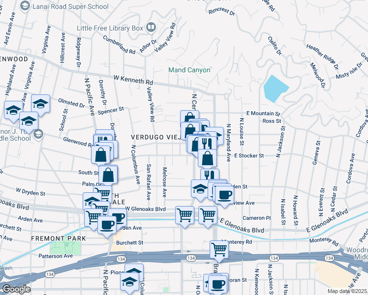 map of restaurants, bars, coffee shops, grocery stores, and more near 1212 Viola Avenue in Glendale
