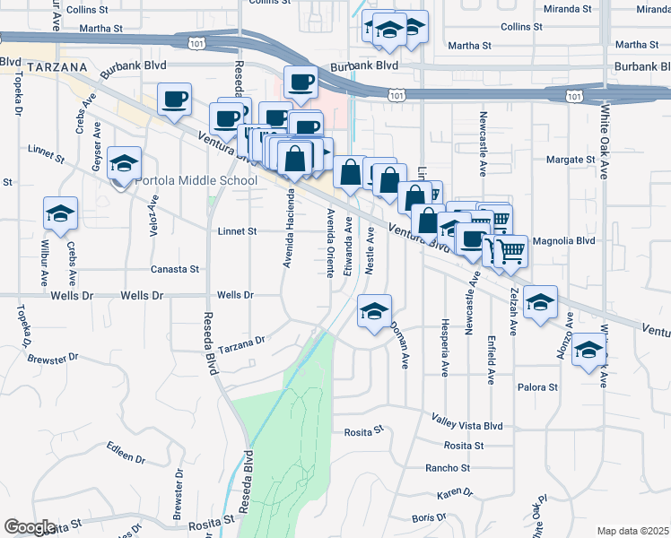 map of restaurants, bars, coffee shops, grocery stores, and more near 5132 Avenida Oriente in Los Angeles
