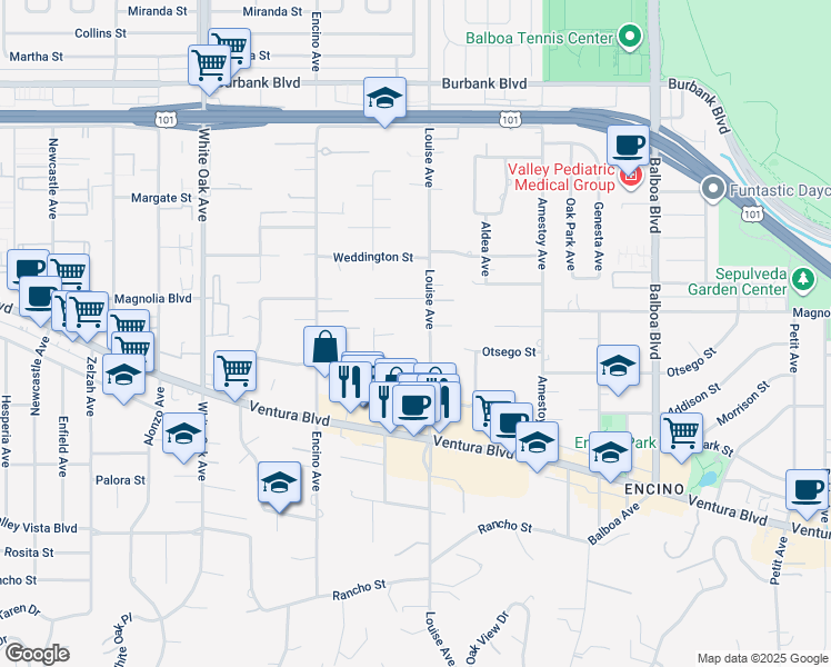 map of restaurants, bars, coffee shops, grocery stores, and more near 5133 Louise Avenue in Los Angeles