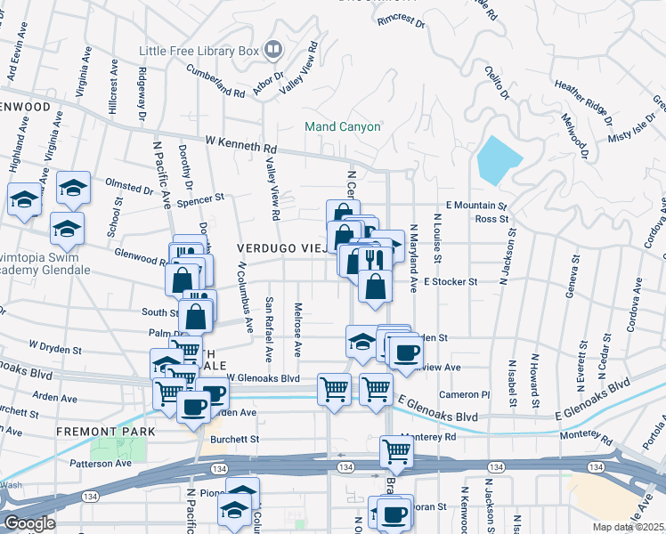 map of restaurants, bars, coffee shops, grocery stores, and more near 1212 Viola Avenue in Glendale