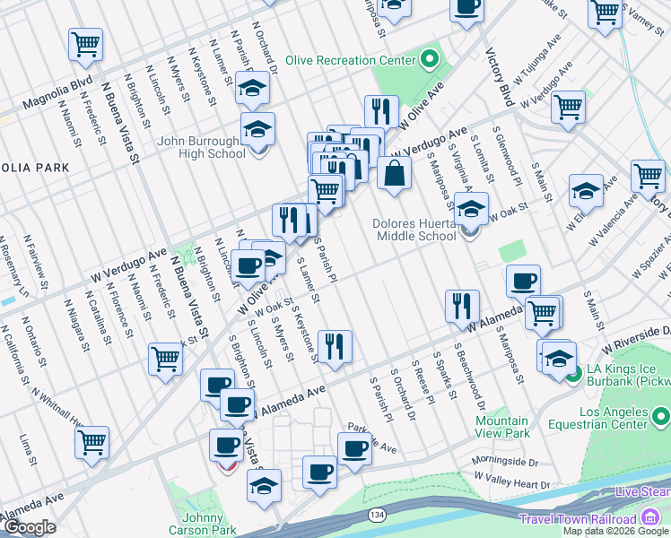 map of restaurants, bars, coffee shops, grocery stores, and more near 148 South Parish Place in Burbank