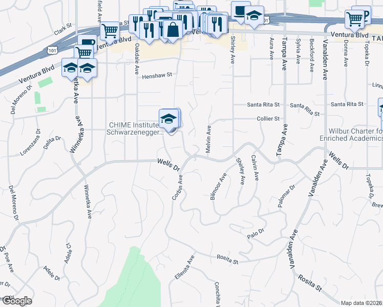 map of restaurants, bars, coffee shops, grocery stores, and more near 19641 Wells Drive in Los Angeles