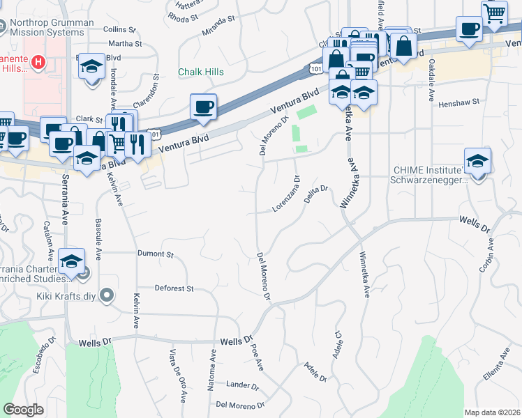 map of restaurants, bars, coffee shops, grocery stores, and more near 5200 Del Moreno Drive in Los Angeles