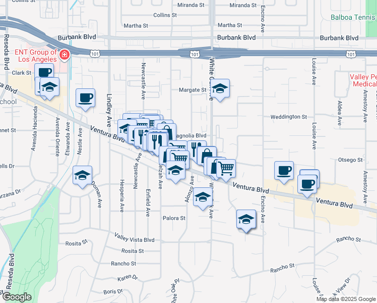 map of restaurants, bars, coffee shops, grocery stores, and more near 17815 Ventura Boulevard in Los Angeles