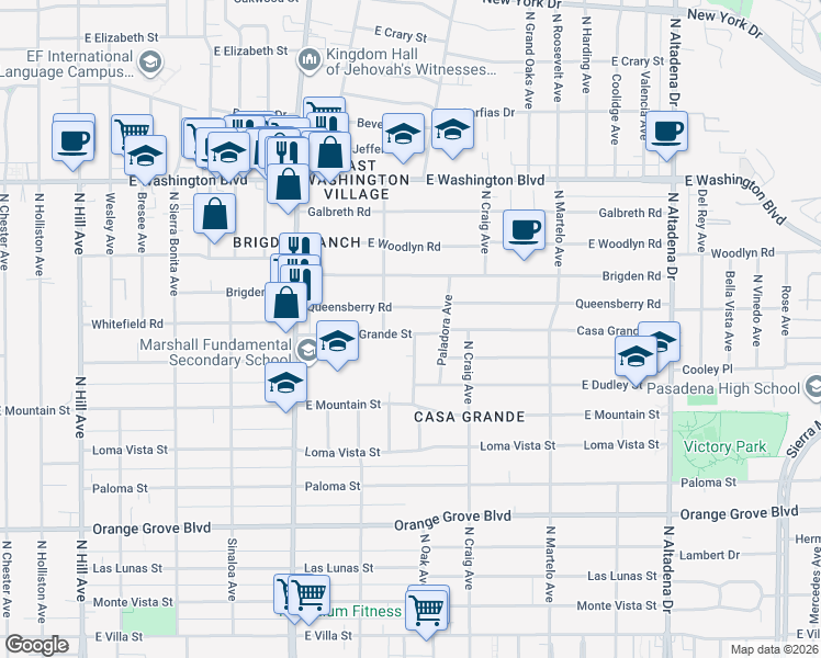 map of restaurants, bars, coffee shops, grocery stores, and more near 2039 Casa Grande Street in Pasadena
