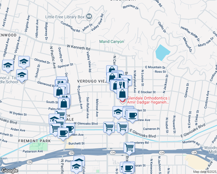 map of restaurants, bars, coffee shops, grocery stores, and more near 1212 Viola Avenue in Glendale