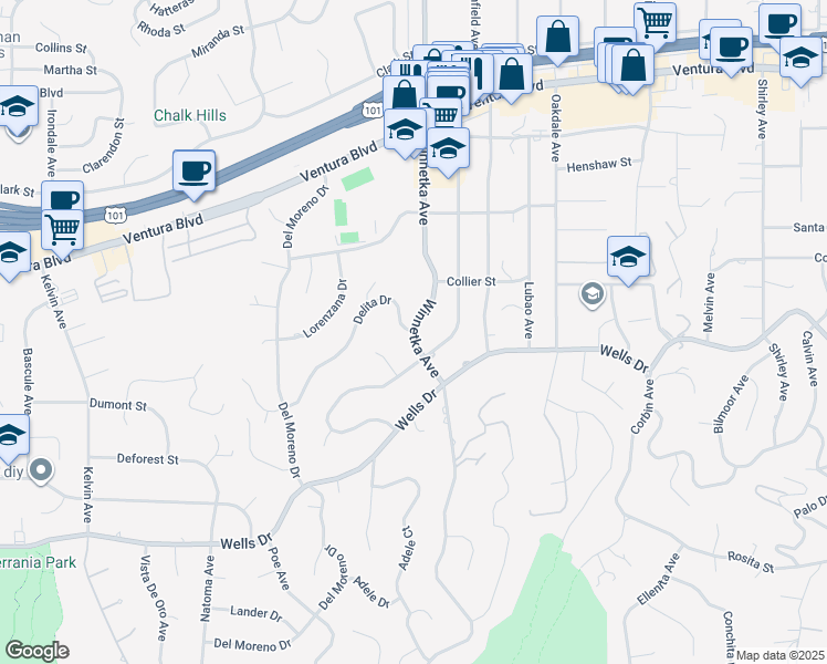 map of restaurants, bars, coffee shops, grocery stores, and more near 20100 Delita Drive in Los Angeles