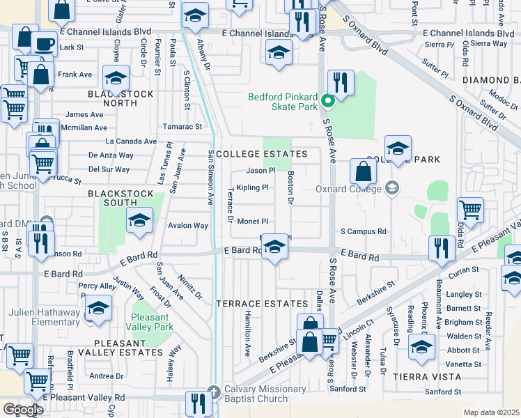 map of restaurants, bars, coffee shops, grocery stores, and more near 1220 Lindsay Place in Oxnard