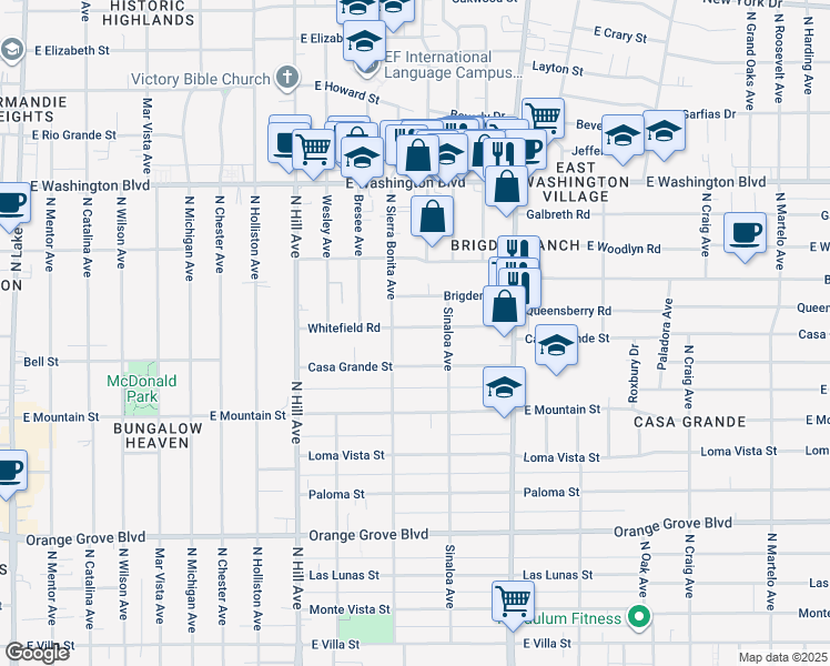map of restaurants, bars, coffee shops, grocery stores, and more near 1620 Whitefield Road in Pasadena