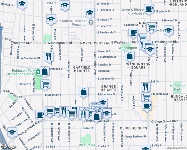 map of restaurants, bars, coffee shops, grocery stores, and more near in Pasadena