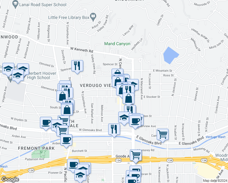 map of restaurants, bars, coffee shops, grocery stores, and more near 1201 Viola Avenue in Glendale