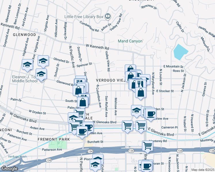 map of restaurants, bars, coffee shops, grocery stores, and more near 1204 Valley View Road in Glendale