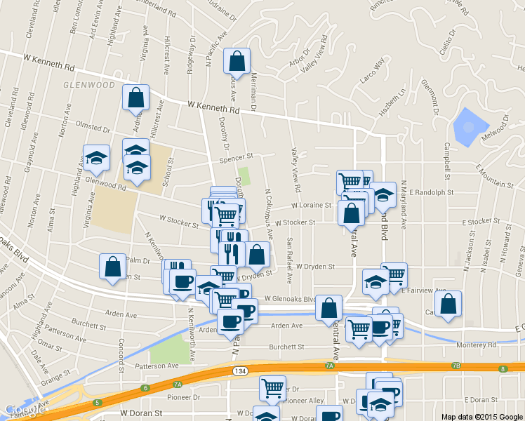 map of restaurants, bars, coffee shops, grocery stores, and more near 1210 Dorothy Drive in Glendale