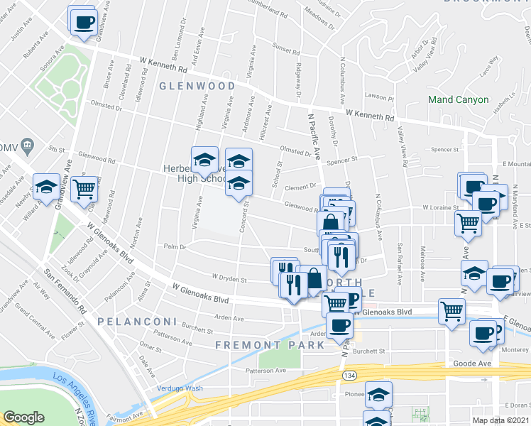 map of restaurants, bars, coffee shops, grocery stores, and more near 615 West Stocker Street in Glendale