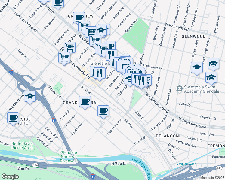 map of restaurants, bars, coffee shops, grocery stores, and more near 1021 Willard Avenue in Glendale