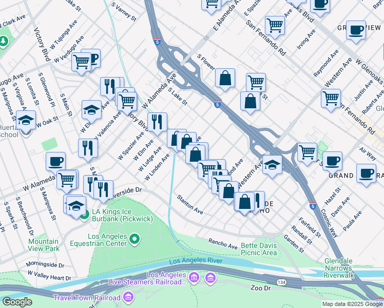 map of restaurants, bars, coffee shops, grocery stores, and more near 1851 South Victory Boulevard in Glendale