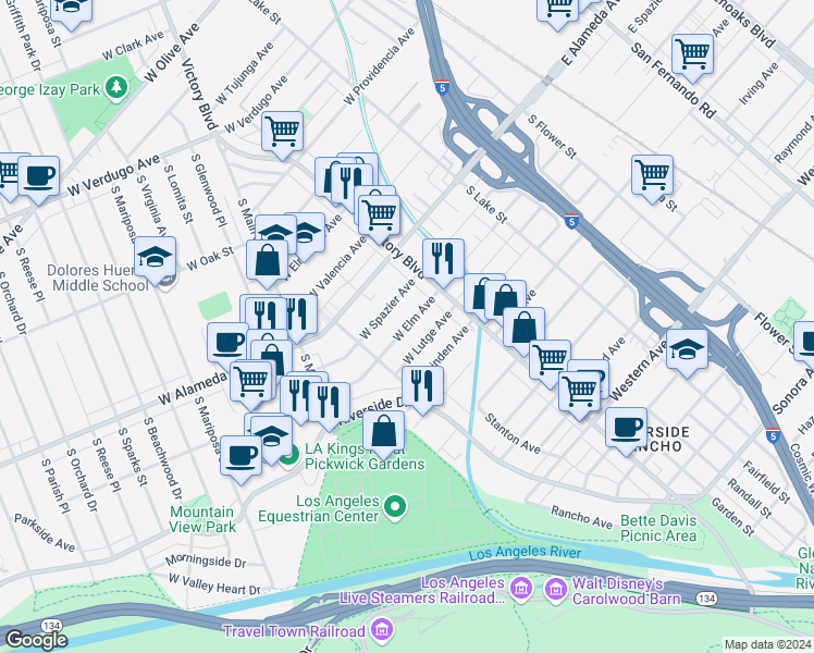 map of restaurants, bars, coffee shops, grocery stores, and more near 361 West Elm Avenue in Burbank