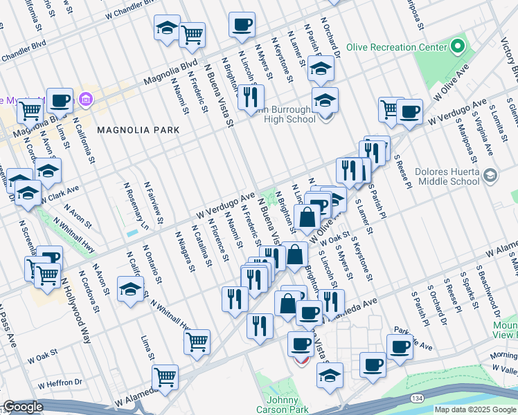 map of restaurants, bars, coffee shops, grocery stores, and more near 332 North Frederic Street in Burbank