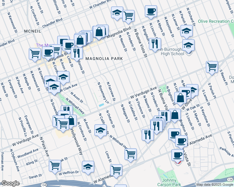 map of restaurants, bars, coffee shops, grocery stores, and more near 512 North Niagara Street in Burbank