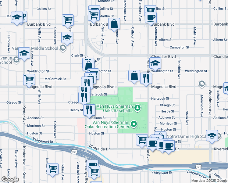 map of restaurants, bars, coffee shops, grocery stores, and more near 14269 Hartsook Street in Los Angeles