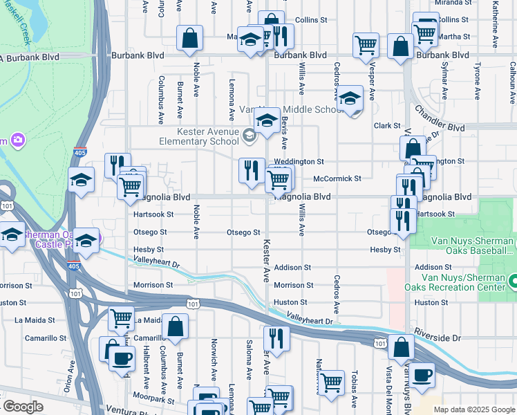 map of restaurants, bars, coffee shops, grocery stores, and more near 14900 West Magnolia Boulevard in Los Angeles