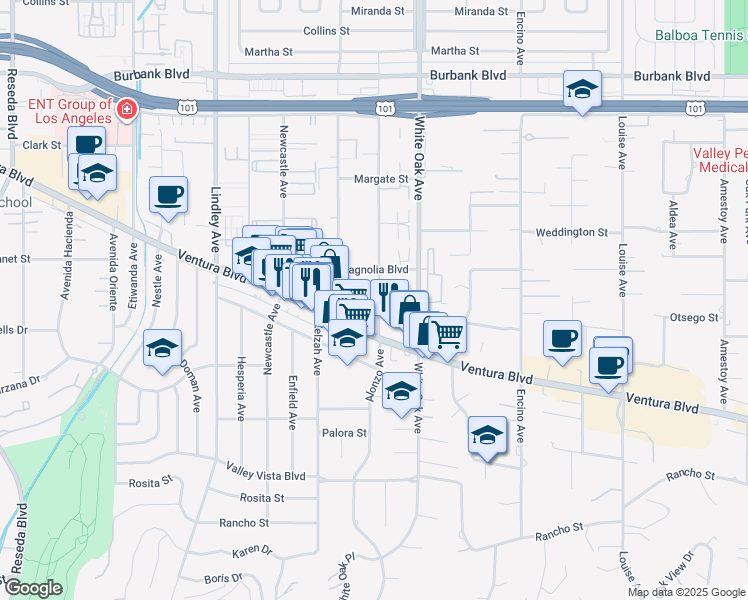 map of restaurants, bars, coffee shops, grocery stores, and more near 17815 Ventura Boulevard in Los Angeles