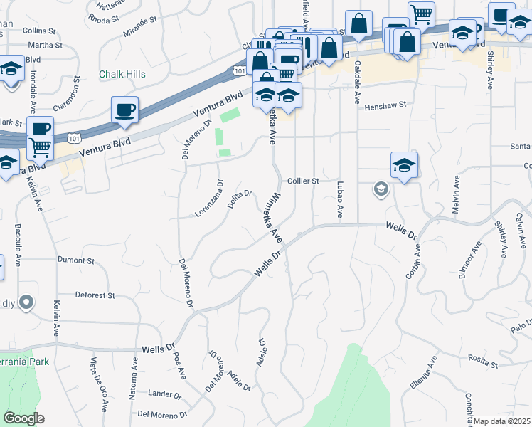map of restaurants, bars, coffee shops, grocery stores, and more near 20100 Delita Drive in Los Angeles